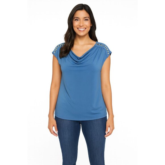 INC Blue Cowl Neck Cap Sleeve Top Plus SZ 3X Gold Chain Shoulder Embellished NWT - Picture 5 of 12